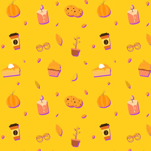 Vector repeated autumn pattern with autumn elements: foliage, pimpkin cupcake glasses coffee candle plant cookies on yellow background with violet shadows. Holidays thanksgiving Flat design EPS10