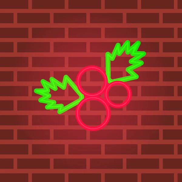 Red xmas berries neon line sign icon. Holiday, xmas, christmas vector illustration. ymbol. Red brickwall background banner