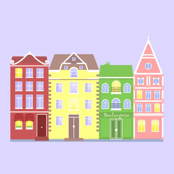 Set Simple European Scandinavian Colorful Old Houses Flat Design Vector — Image vectorielle