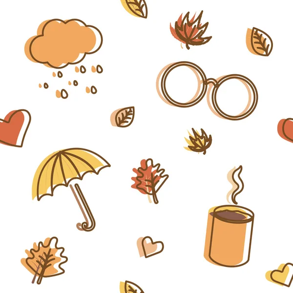 Simple seamless autumn pattern on white background. Autumn leaves, umberella, glasses, rainy cloud, hearts, hot coffee. For wallpaper, gift paper, pattern fills, backgrounds, greeting cards.