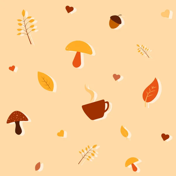 Simple autumn background with fall elements. Repeated pattern. Autumn leaves, mushrooms, hearts, hot coffee. For wallpaper, gift paper, pattern fills, fall greeting cards