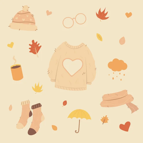Simple Autumn Cute Cozy Design Elements Symbols Set Leaves Sweater — 图库矢量图片