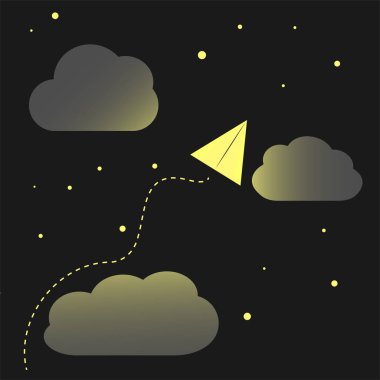 Yellow golden paper plane dash line track with loop in the dark night sky, clouds and stars flat design. Simple vector illustration of travelling, trip, flight, tourism, imagination, dream,idea.