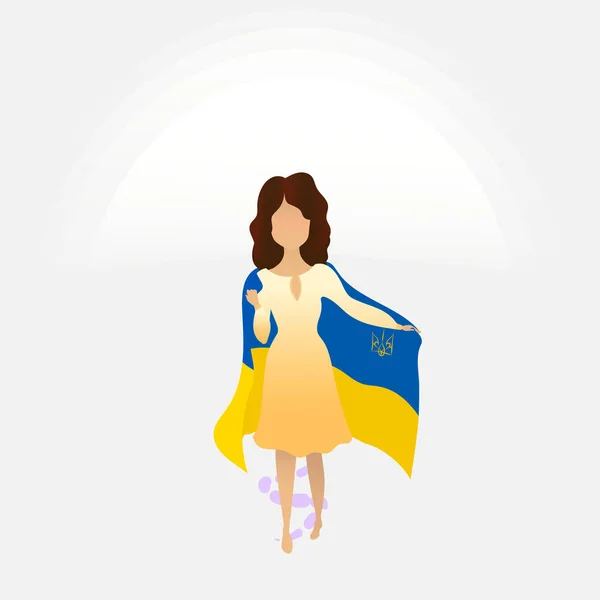 Young Woman Covered Ukrainian Flag Shows Emblem Ukraine Yellow Trident — Archivo Imágenes Vectoriales