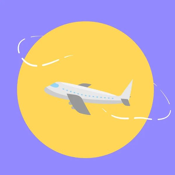 Simple plane flying around the yellow planet in flat design on blue violet background, abstract illustration for trip, travel, tourism, journey vacation 