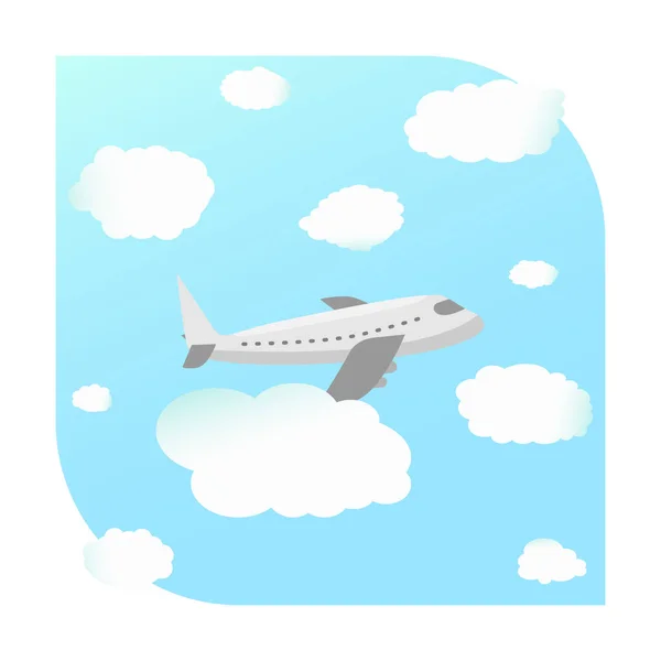 Airplane on blue sky background with white clouds. Flight plane simple flat design