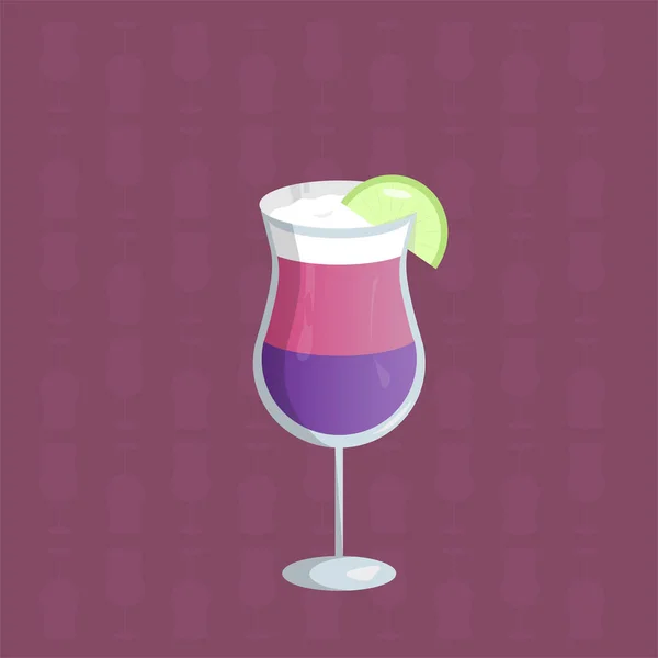 Flat icon, purple cocktail drink in glass with lime on violet background