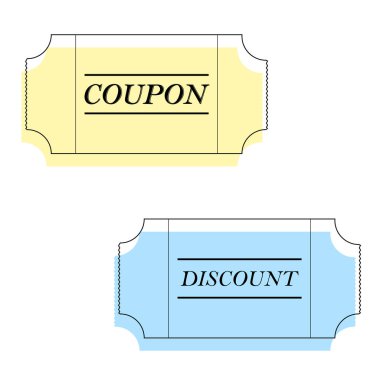 Simple outlines coupon disount set blue and yellow in cartoon flat style isolated on a white background. Vector illustration of Gift Voucher Coupon Sale Discount.