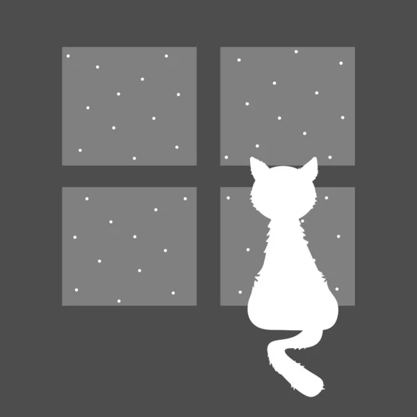 Белая Кошка Сидит Темном Окне Смотрит Снег Плоская Векторная Иллюстрация — стоковый вектор