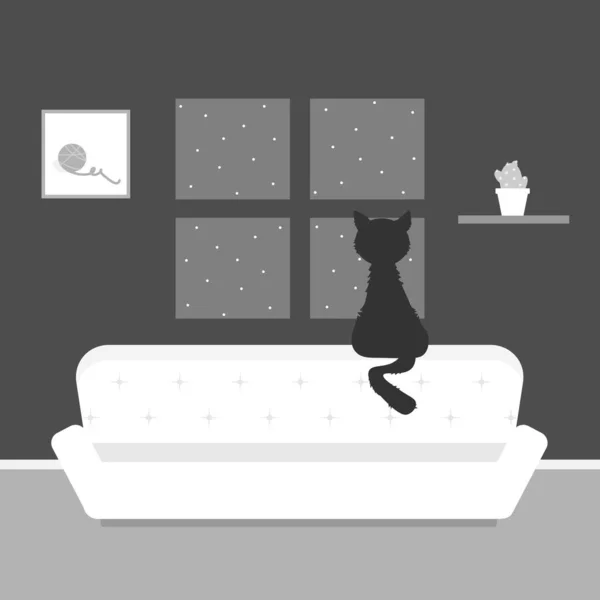 黑猫坐在黑暗的房间里 有窗户 晚上看着雪 平面矢量图解 — 图库矢量图片