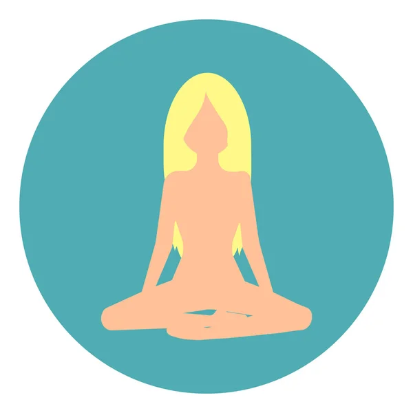 Mavi çemberde meditasyonda oturan uzun sarı saçlı kız beyaz arka planda izole edilmiş. Güzellik sporu için logo simgesi rahatlama işi. Vektör çizimi düz tasarım. Yoga Lotus pozisyonu siluetinde