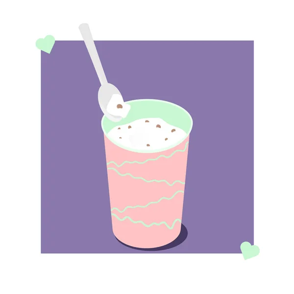 Postre Blanco Con Cuchara Aislada Sobre Fondo Cuadrado Púrpura Diseño — Vector de stock