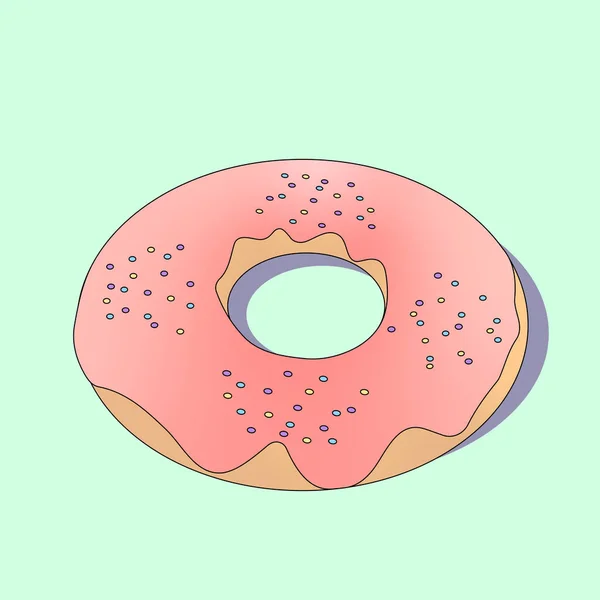 简单的扁平轮廓 美味的甜甜圈和粉红色的釉料 多努特图标隔离在浅绿色背景与阴影 矢量图解 面包店 咖啡店概念标志 — 图库矢量图片