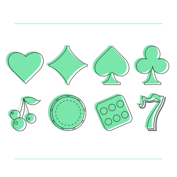 Obrysy Kasina Ikony Zelená Barva Karban Poker Klub Set Vektorové — Stockový vektor