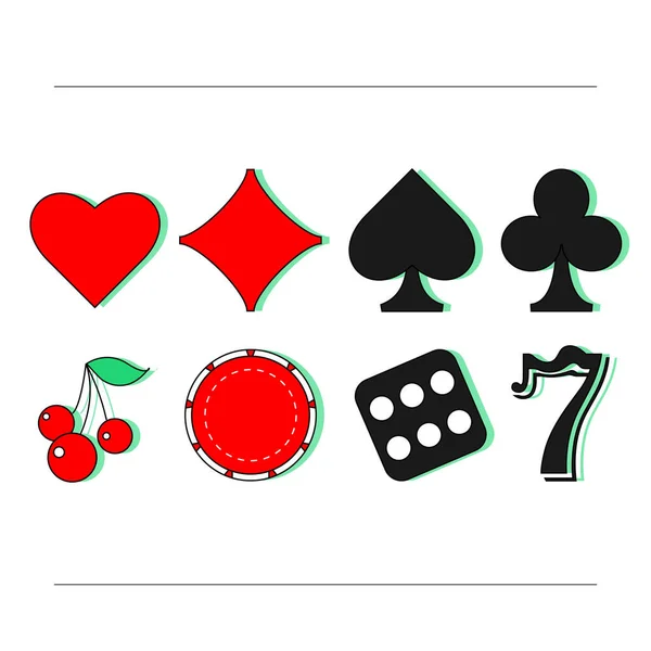 Siyah ve kırmızı kumarhane ikonları, poker kulübü seti. Vektör illüstrasyonu, kumarhane elemanları, semboller, kartlar, kumar işareti.