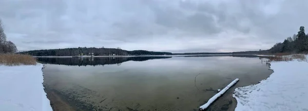 Landskap Med Sjö Vinter Panoramautsikt — Stockfoto