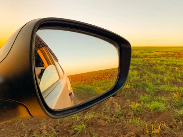 Travel Car Concept Sunset Side Mirror Natureside — Stock Fotó