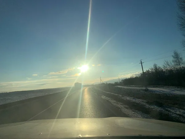 Salida Del Sol Sobre Carretera Invierno Rusia — Foto de Stock