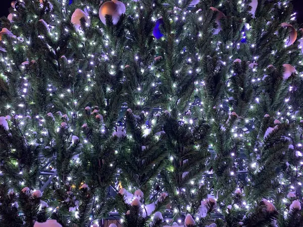 Χριστουγεννιάτικο Δέντρο Διακοσμημένο Γιρλάντες Φόντο — Φωτογραφία Αρχείου