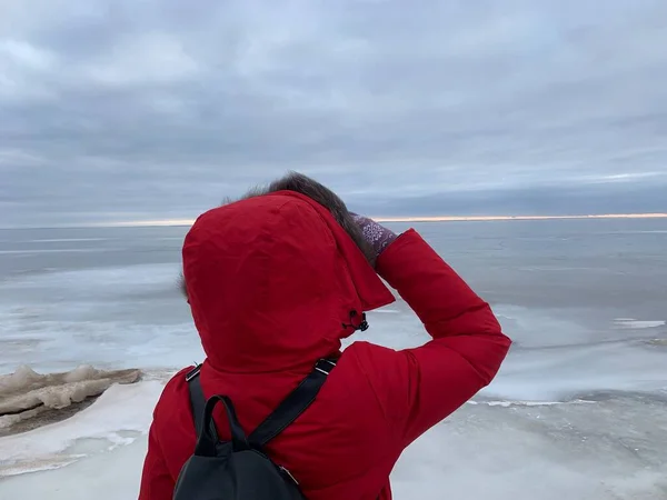 寒い冬の風景の中に赤い冬のジャケットの女性 — ストック写真