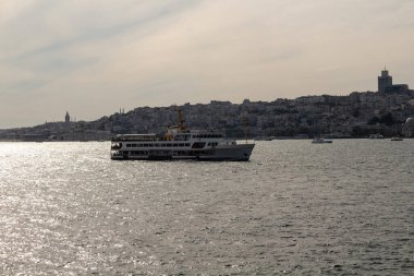 View of ferry boat on Bosphorus and European side of Istanbul. It is a sunny summer day. Beautiful scene.