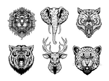 Vahşi hayvan kafası toplama vektörü detaylı ve düzenlenmesi kolay