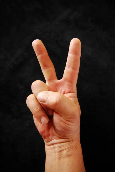 Gesture Two Raised Fingers Viktory Sign Positive Symbol Dark Background — Photo
