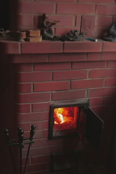 Brick Oven Fire Burning Winter — Foto de Stock