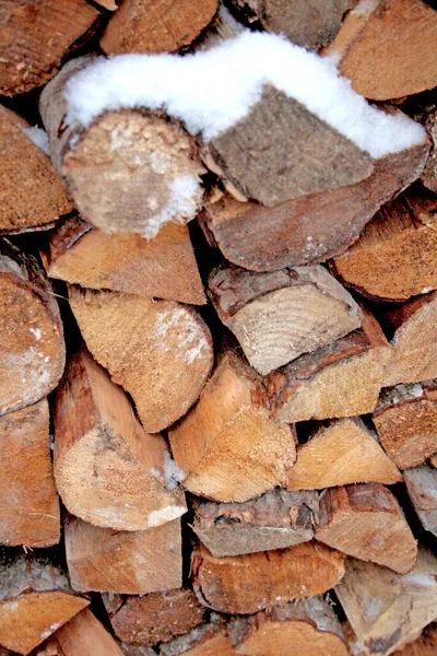 Firewood Piled Ridge Little Snow Has Fallen — Foto Stock