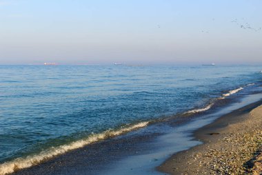 Deniz kıyısı ve mavi gökyüzü, kumsal, gökyüzündeki kuşlar, ufuktaki gemiler..
