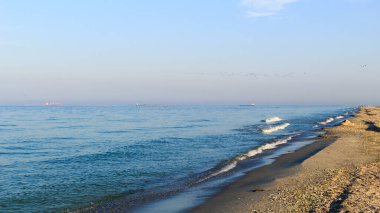 Deniz kıyısı ve mavi gökyüzü, kumsal, gökyüzündeki kuşlar, ufuktaki gemiler..