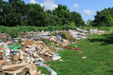 Çöp sahasının manzarası. Çöp yığını. Bir yığın plastik çöp, yiyecek atıkları ve diğer çöpler. Kirlilik konsepti. Bir çöp denizi, güzel bir kırsal alanı istila etmeye ve yok etmeye başlar..