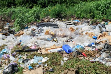 Çöp sahasının manzarası. Çöp yığını. Bir yığın plastik çöp, yiyecek atıkları ve diğer çöpler. Kirlilik konsepti. Bir çöp denizi, güzel bir kırsal alanı istila etmeye ve yok etmeye başlar..