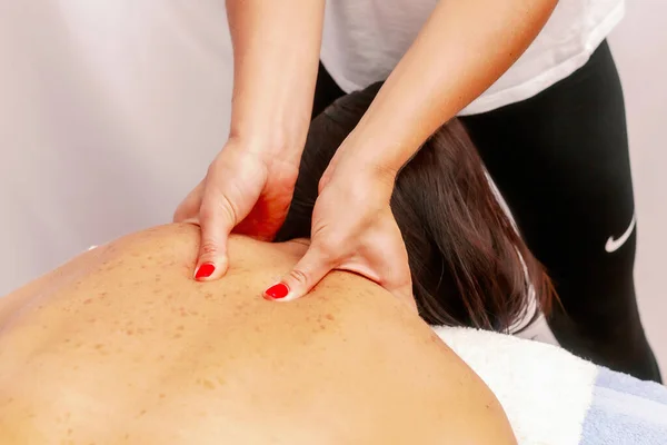 Relaxed Young Woman Lying Face Massage Table Enjoying Therapeutic Body — Foto de Stock