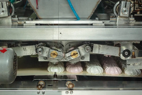 Confectionery factory. Zephyr and marshmallows production line machine, close-up.