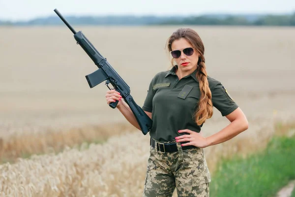 Soldier Woman Military Uniform Girl Military Uniform Weapon — Fotografia de Stock