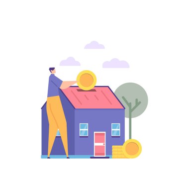 investment business, home investment, saving to buy a house. property or real estate business. a businessman keeps money in a house or building. finance. flat cartoon illustration. concept
