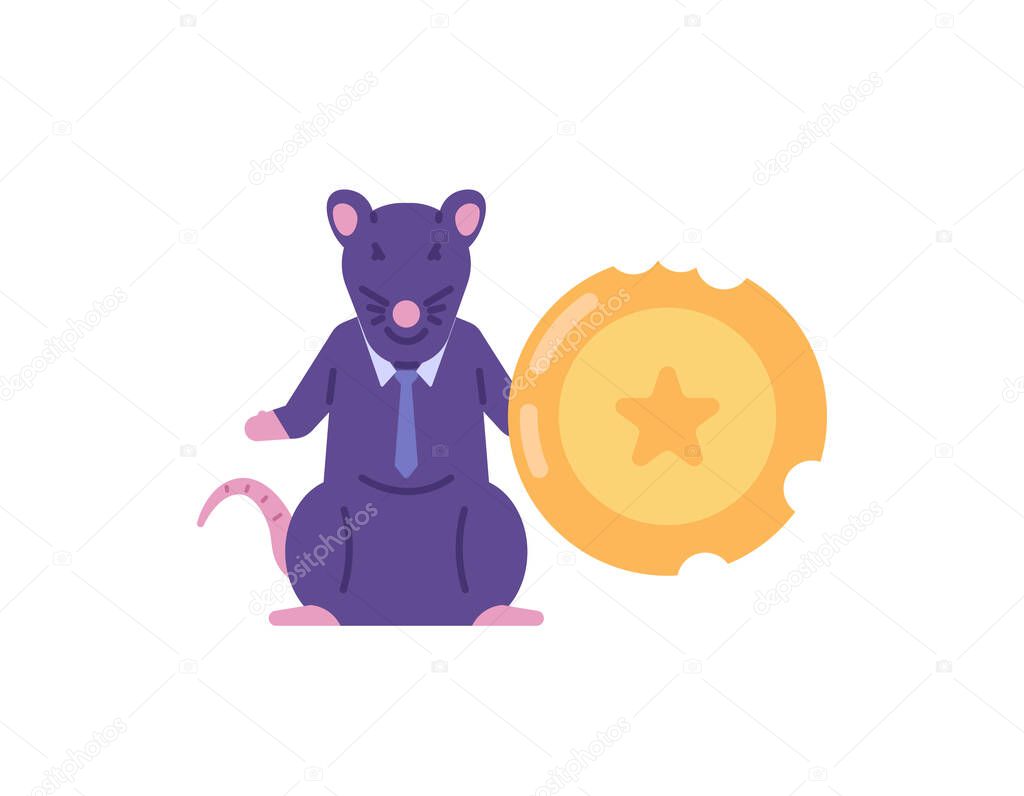 the concept of a criminal or corrupt. a mouse eats coins. mertapora of corruption or consuming people's money. political. flat cartoon illustration. vector design