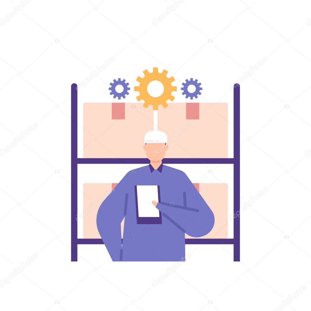illustration of a worker or male employee thinking. trying to complete a task on the tablet. freelancer. use a tablet for work. looking for answers. flat style. vector design