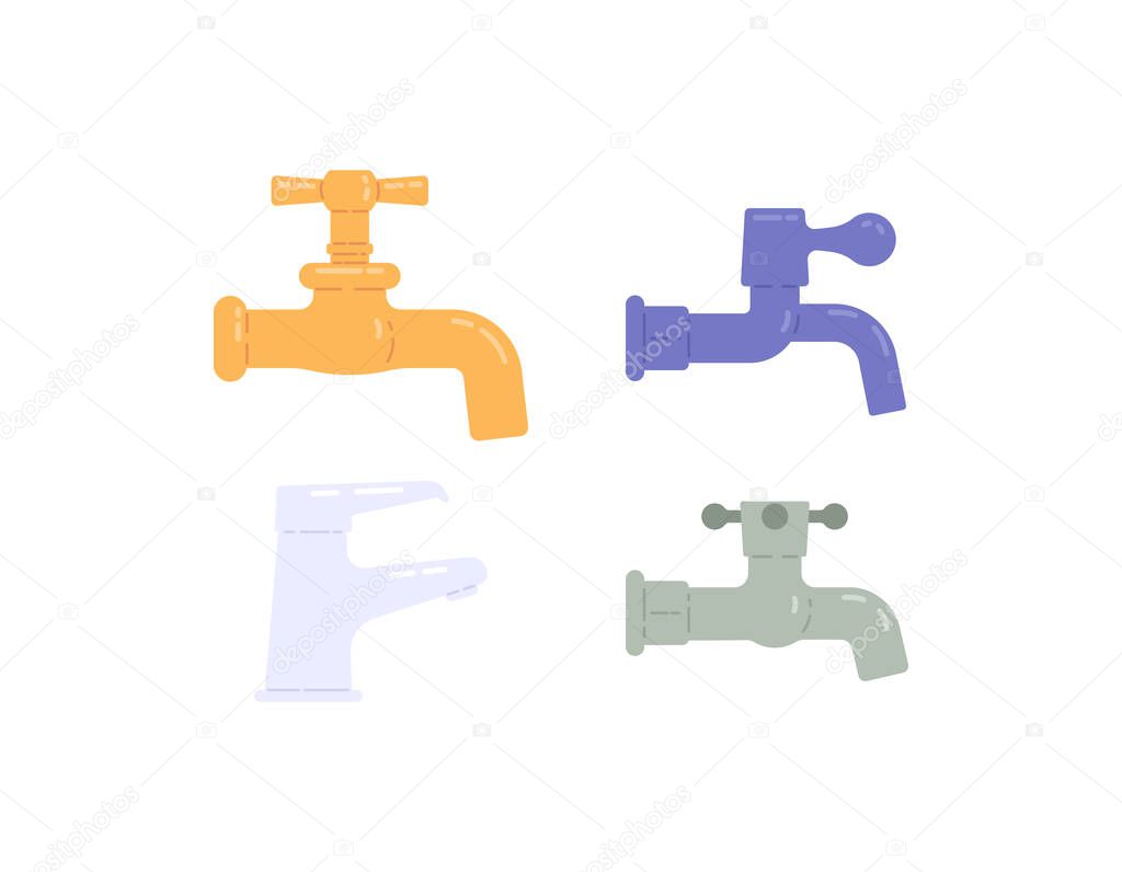 a collection of illustrations of various variations or types of faucets. icon or symbol. flat cartoon style. vector design elements