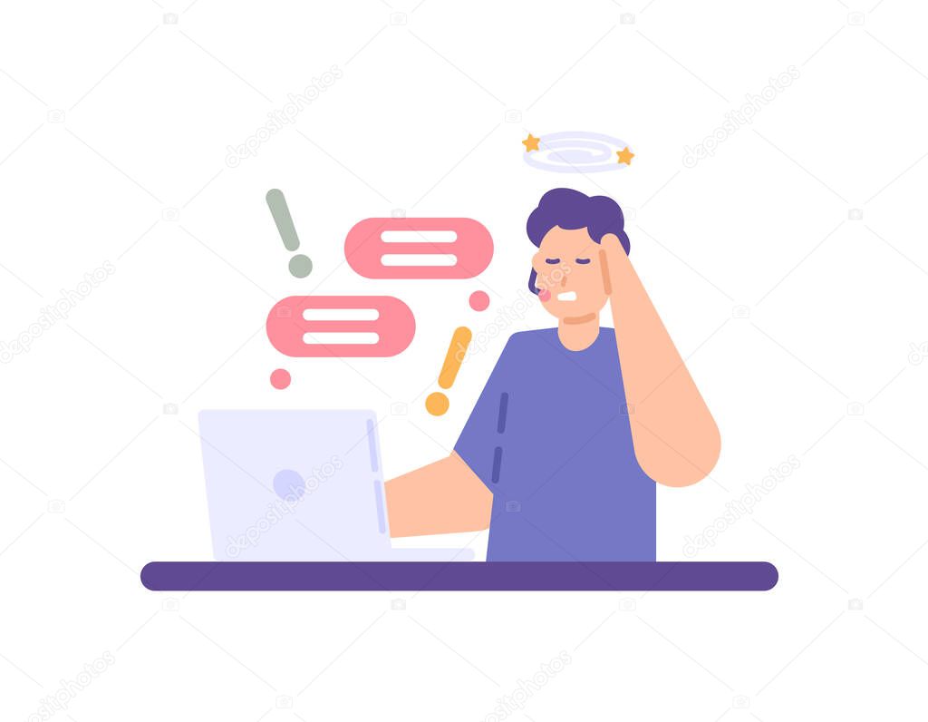 a customer service is dizzy because of a complaint or being scolded by a customer. problems with customers or clients. interaction with consumers. job or profession. flat cartoon concept illustration