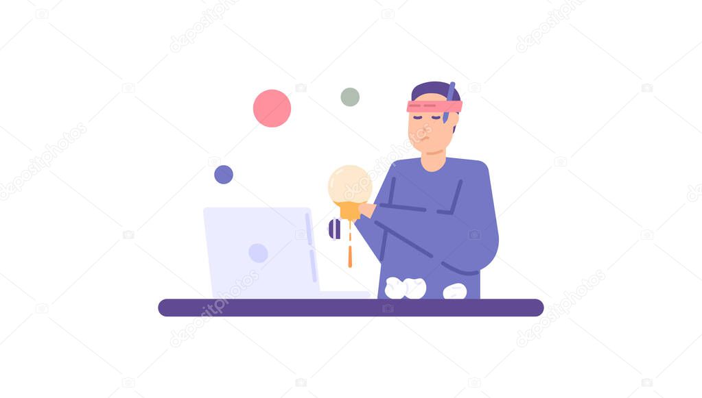 metaphor for crisis of ideas and inspiration. an employee experiences burnout and lacks or runs out of ideas. think with a laptop. the mind is stuck and less creative. flat cartoon illustration