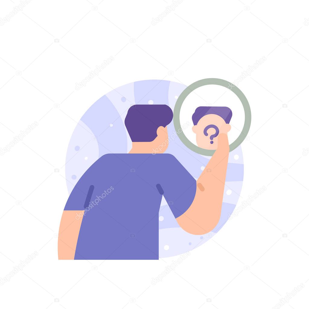 identity crisis, mysterious person, anonymous. a person who reflects and is confused by his own personality. lose identity. flat cartoon illustration. vector concept design