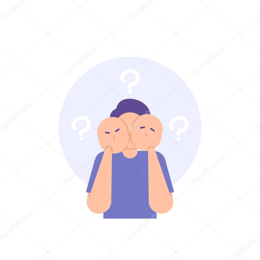 identity crisis, mysterious person, anonymous. a person with multiple personalities. lose identity. flat cartoon illustration. vector concept design