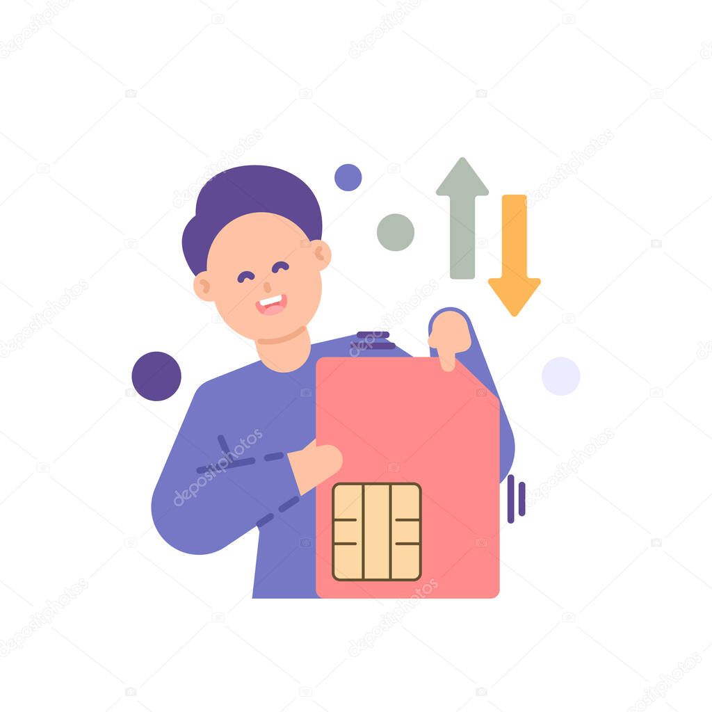 a metaphor for replacing or upgrading a sim card. a man holding a sim card. network and internet. flat cartoon illustration. vector concept design.