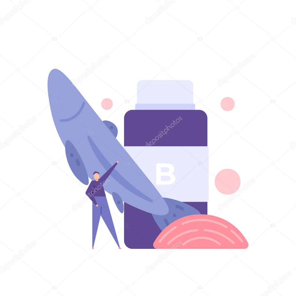 intake of B vitamins or foods high in B vitamins. A man stands next to salmon, fish meat, and a jar of medicine. health. flat cartoon symbol illustration. concept vector design