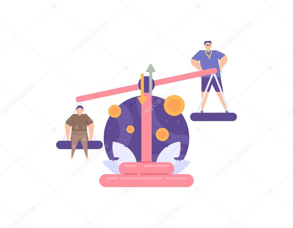 metaphor of legal inequality, income disparity, rich and poor, injustice. the poor and the rich were weighed using a scale. economy and law. flat cartoon illustrations. concept vector design