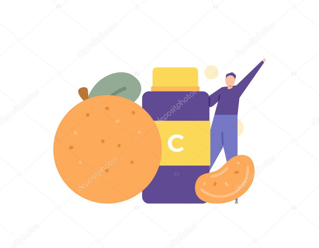 intake of vitamin C or foods high in vitamin C. a man stands next to an orange and a medicine jar. health. flat cartoon symbol illustration. concept vector design