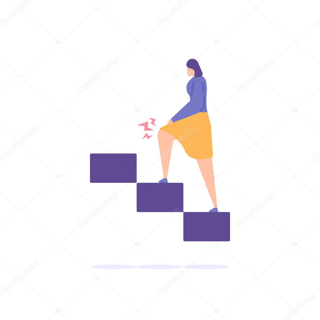 muscle pain and heat in the legs, cramps, neurological diseases. A woman feels pain in her legs when walking up stairs. body and health problems. flat cartoon illustration. vector concept design