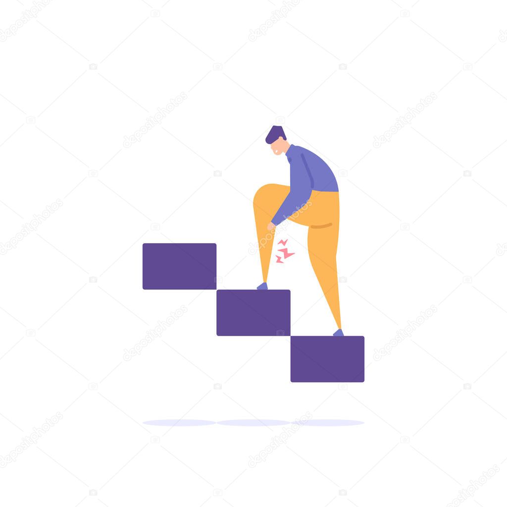 muscle pain and heat in the legs, cramps, neurological diseases. A man feels pain in his leg when walking up stairs. body and health problems. flat cartoon illustration. vector concept design